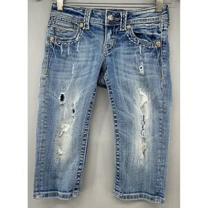 Miss Me Denim Capri Womens JUNIORS Size 25 Distressed-Embellished-Crop Blue Jean